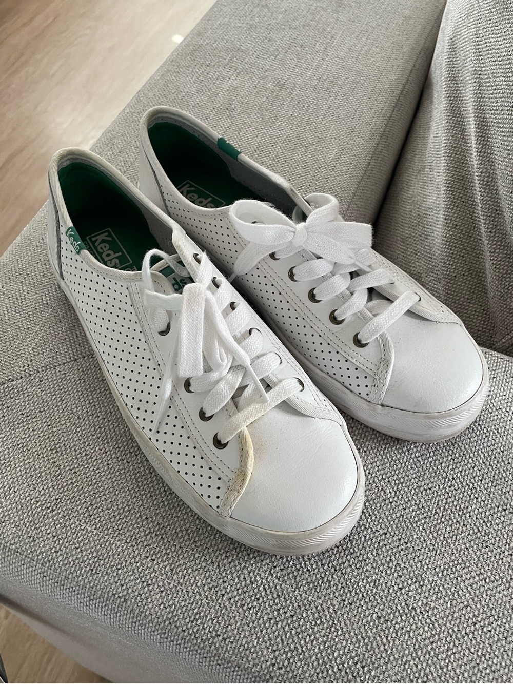 Keds White Perforated Leather Sneakers with Green Inner Accents